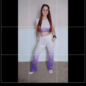 Purple and white crop top with ruffles pants long pants see threw